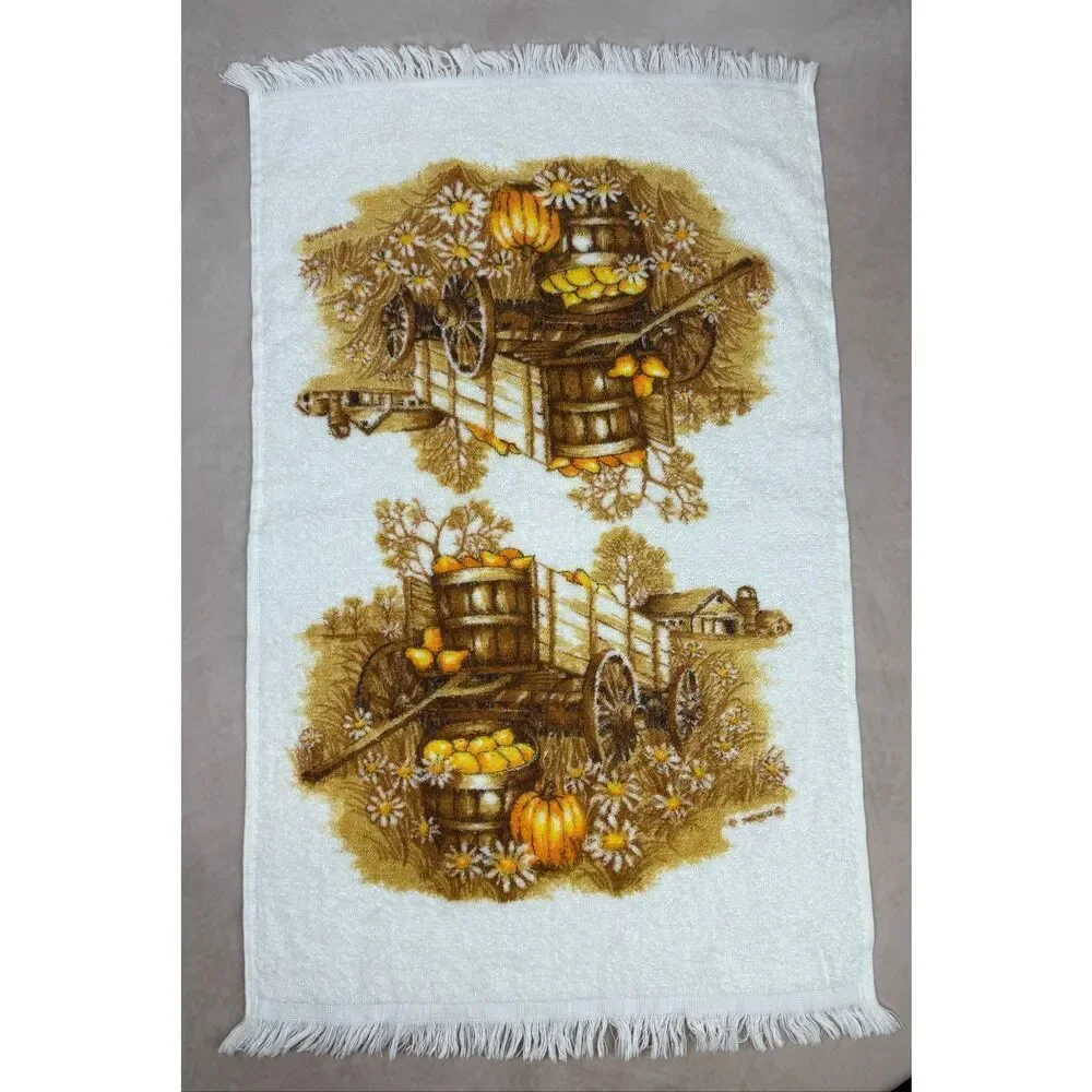 Vintage Hand Towel and Washcloth Set 1970s MCM Franco Pumpkin Wagon
